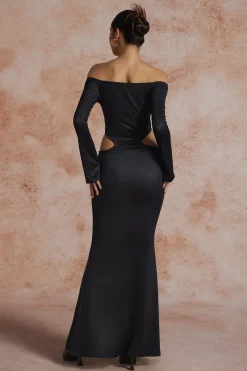 MICAS Long Sleeve Dresses|Maxi Dresses-Solid Cut Out Twist Knot Long-Sleeve Maxi Dress BLACK