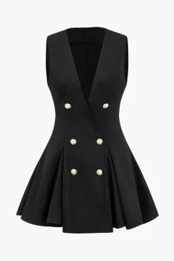 MICAS Mini Dresses-Solid Double Breasted V-Neck Mini Dress BLACK