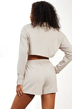 MICAS Short Sets-Solid Drawstring Frayed Shorts Set KHAKI