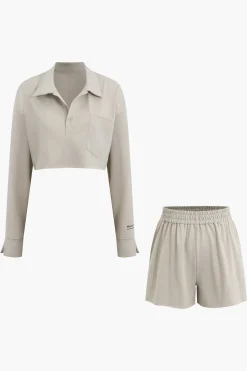 MICAS Short Sets-Solid Drawstring Frayed Shorts Set KHAKI