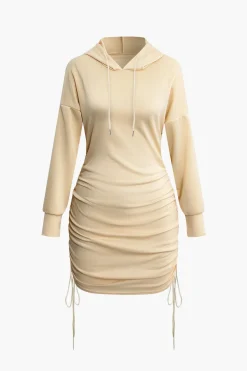 MICAS Long Sleeve Dresses|Mini Dresses-Solid Drawstring Hooded Mini Dress