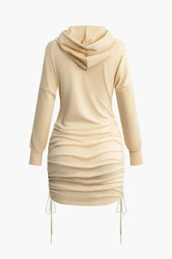 MICAS Long Sleeve Dresses|Mini Dresses-Solid Drawstring Hooded Mini Dress