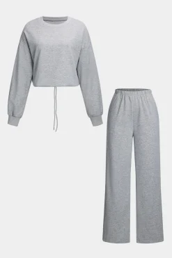 MICAS Pant Sets-Solid Drawstring Top And Trousers Set LIGHT GRAY