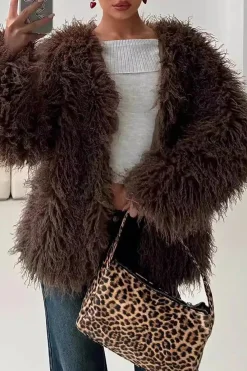 MICAS Outerwear|Outerwear-Solid Faux Fur Fringe Coat BROWN