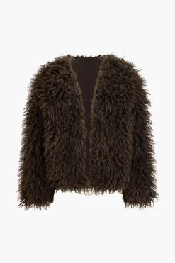 MICAS Outerwear|Outerwear-Solid Faux Fur Fringe Coat BROWN