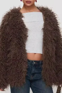 MICAS Outerwear|Outerwear-Solid Faux Fur Fringe Coat BROWN