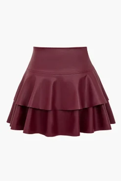 MICAS Skirts-Solid Faux Leather Asymmetrical Layer Skirt