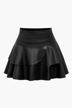 MICAS Skirts-Solid Faux Leather Asymmetrical Layer Skirt