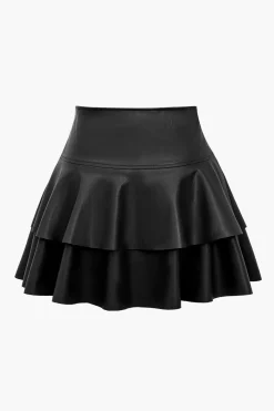 MICAS Skirts-Solid Faux Leather Asymmetrical Layer Skirt