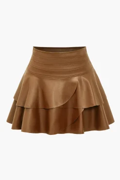 MICAS Skirts-Solid Faux Leather Asymmetrical Layer Skirt
