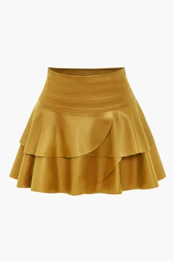MICAS Skirts-Solid Faux Leather Asymmetrical Layer Skirt