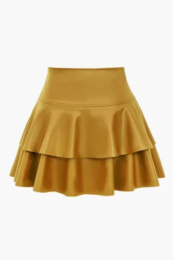 MICAS Skirts-Solid Faux Leather Asymmetrical Layer Skirt