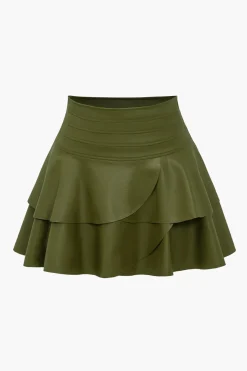MICAS Skirts-Solid Faux Leather Asymmetrical Layer Skirt