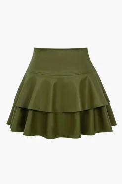 MICAS Skirts-Solid Faux Leather Asymmetrical Layer Skirt