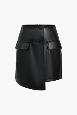 MICAS Skirts-Solid Faux Leather Button Asymmetrical Skirt BLACK