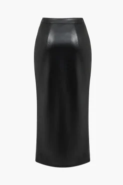 MICAS Skirts-Solid Faux Leather Button Asymmetrical Skirt BLACK