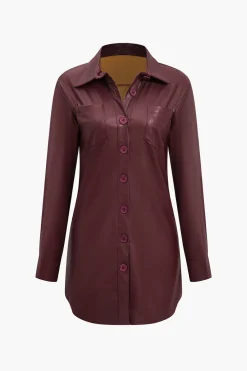 MICAS Mini Dresses|Long Sleeve Dresses-Solid Faux Leather Button Long Sleeve Mini Dress