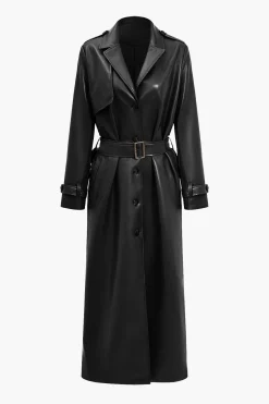 MICAS Outerwear|Outerwear-Solid Faux Leather Button Pocket Belted Coat