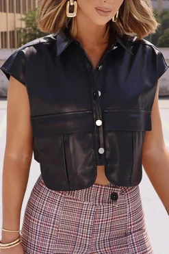 MICAS Outerwear|Outerwear-Solid Faux Leather Button Pocket Vest