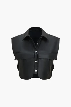 MICAS Outerwear|Outerwear-Solid Faux Leather Button Pocket Vest