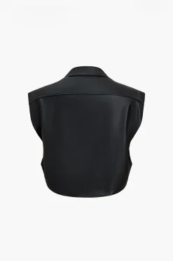 MICAS Outerwear|Outerwear-Solid Faux Leather Button Pocket Vest
