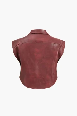 MICAS Outerwear|Outerwear-Solid Faux Leather Button Pocket Vest