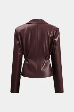 MICAS Outerwear|Outerwear-Solid Faux Leather Double Breasted Jacket BURGUNDY