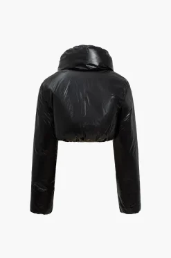 MICAS Outerwear|Outerwear-Solid Faux Leather Padded Button Stand Collar Puffer BLACK