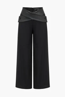 MICAS Pants-Solid Faux Leather Patchwork High Waist Crossed Pocket Trousers