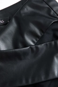 MICAS Pants-Solid Faux Leather Patchwork High Waist Crossed Pocket Trousers