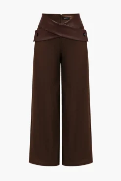 MICAS Pants-Solid Faux Leather Patchwork High Waist Crossed Pocket Trousers