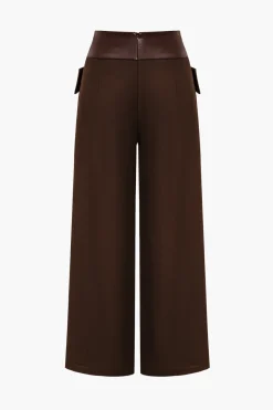 MICAS Pants-Solid Faux Leather Patchwork High Waist Crossed Pocket Trousers