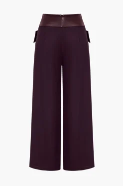 MICAS Pants-Solid Faux Leather Patchwork High Waist Crossed Pocket Trousers