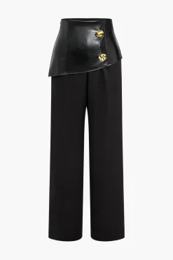 MICAS Pants-Solid Faux Leather Patchwork Button Trousers BLACK