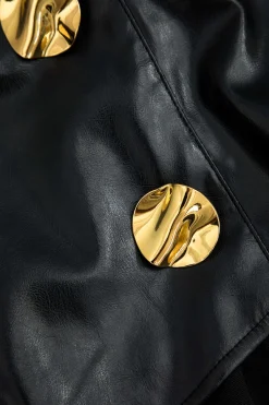 MICAS Pants-Solid Faux Leather Patchwork Button Trousers BLACK