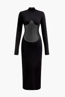 MICAS Long Sleeve Dresses|Midi Dresses-Solid Faux Leather Patchwork Midi Dress