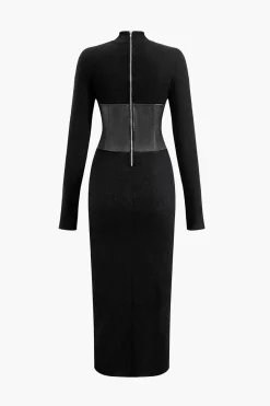 MICAS Long Sleeve Dresses|Midi Dresses-Solid Faux Leather Patchwork Midi Dress
