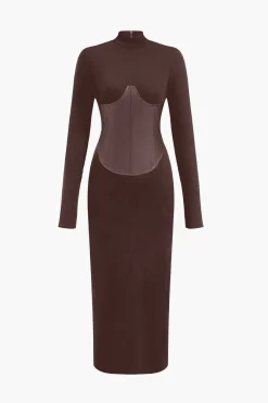 MICAS Long Sleeve Dresses|Midi Dresses-Solid Faux Leather Patchwork Midi Dress