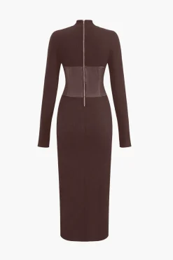MICAS Long Sleeve Dresses|Midi Dresses-Solid Faux Leather Patchwork Midi Dress