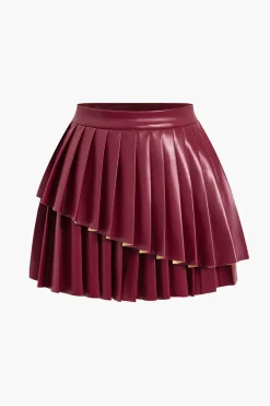 MICAS Skirts-Solid Faux Leather Pleated Asymmetrical Skirt