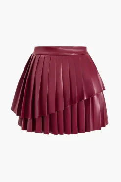 MICAS Skirts-Solid Faux Leather Pleated Asymmetrical Skirt