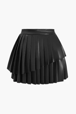 MICAS Skirts-Solid Faux Leather Pleated Asymmetrical Skirt