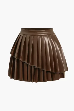 MICAS Skirts-Solid Faux Leather Pleated Asymmetrical Skirt