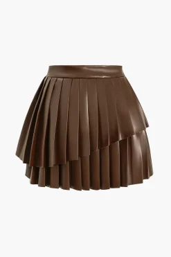 MICAS Skirts-Solid Faux Leather Pleated Asymmetrical Skirt
