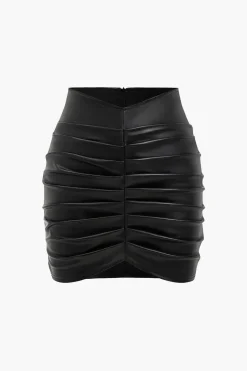 MICAS Skirts-Solid Faux Leather Ruched Skirt