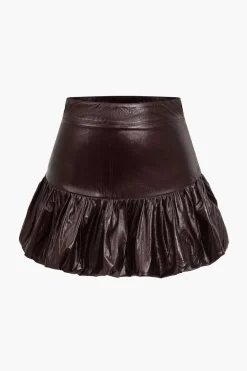MICAS Skirts-Solid Faux Leather Ruched Skirt BURGUNDY