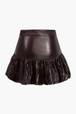 MICAS Skirts-Solid Faux Leather Ruched Skirt BURGUNDY