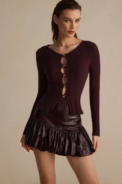 MICAS Skirts-Solid Faux Leather Ruched Skirt BURGUNDY