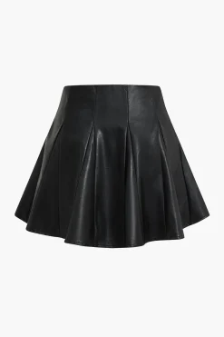 MICAS Skirts-Solid Faux Leather Ruched Skirt BLACK