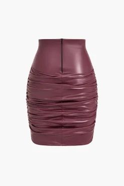 MICAS Skirts-Solid Faux Leather Ruched Skirt